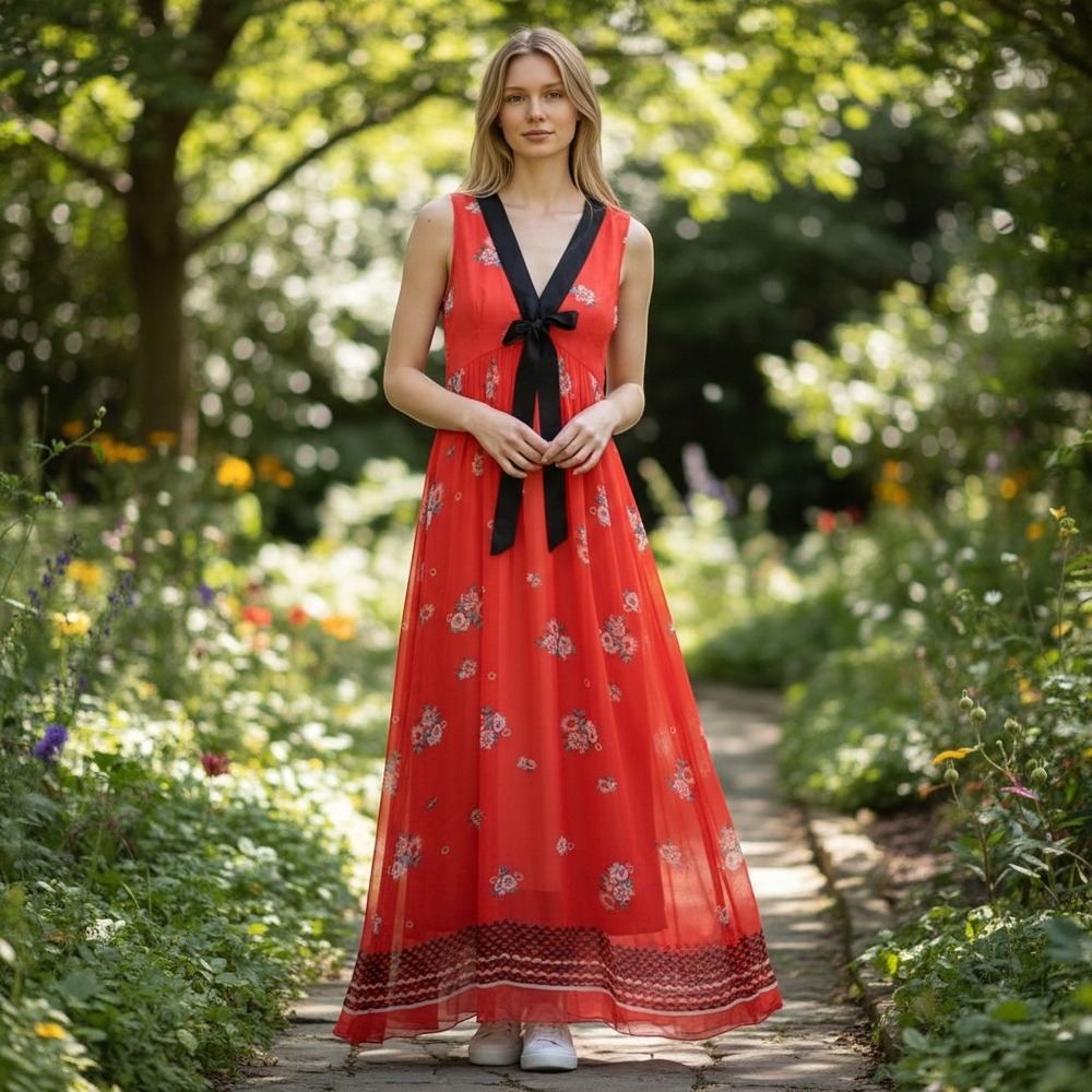 Red Cottage core Cocktail Dress Medium Philosophy Di Lorenzo Serafini NWT$1295